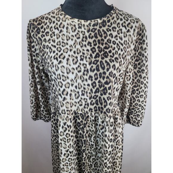 Zara Womens Animal Print Puff 3/4 Sleeve Smock Style Midi Dress Size M - Picture 2 of 7